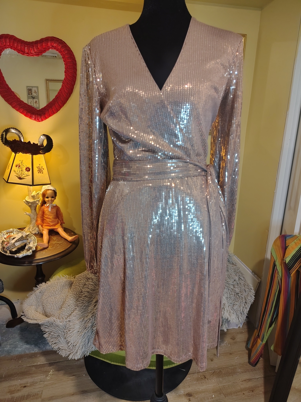 Nine West Rose Gold Sequin Wrap Dress with Tie